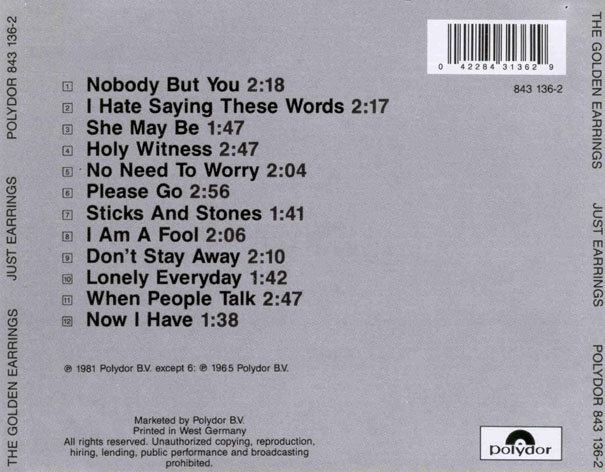 Golden Earring Just Earrings Netherlands cd release Polydor 1990 inlay back black lettering